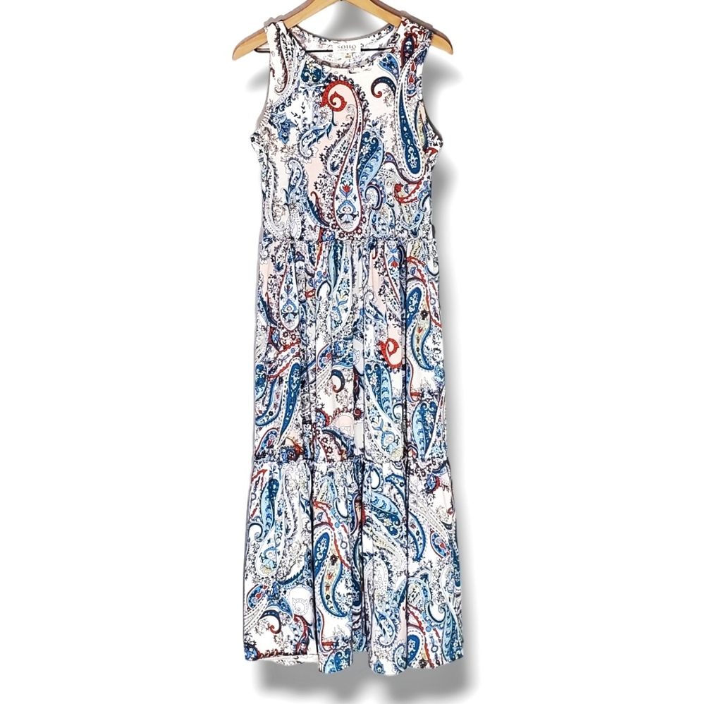 Soho Sleeveless Ruffle Tiered Maxi Summer Dress, Paisley & Colorful, Sz Medium